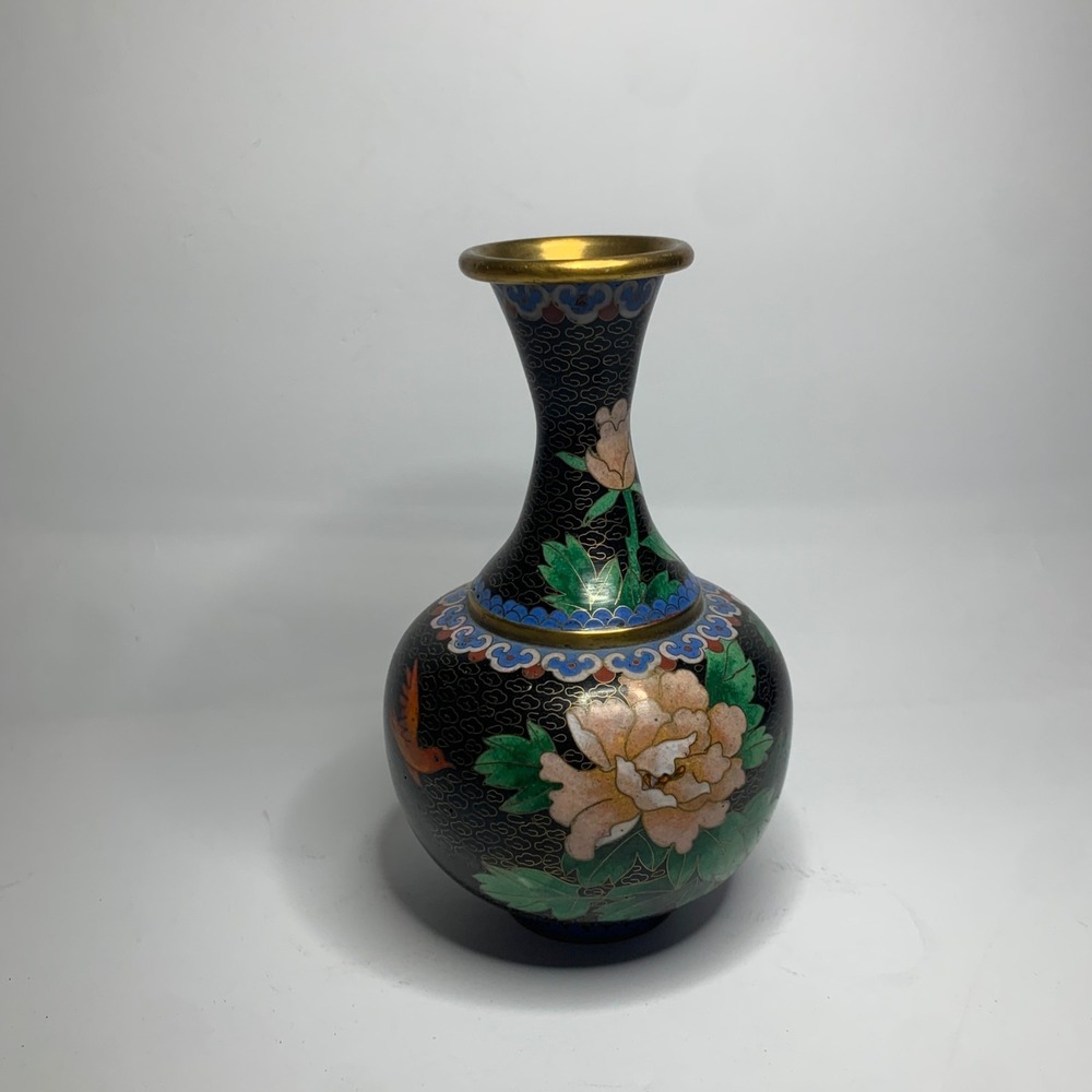 VTG‎ Chinese Cloisonné Enamel Vase 6" - Black Floral Peony Design 20th Century